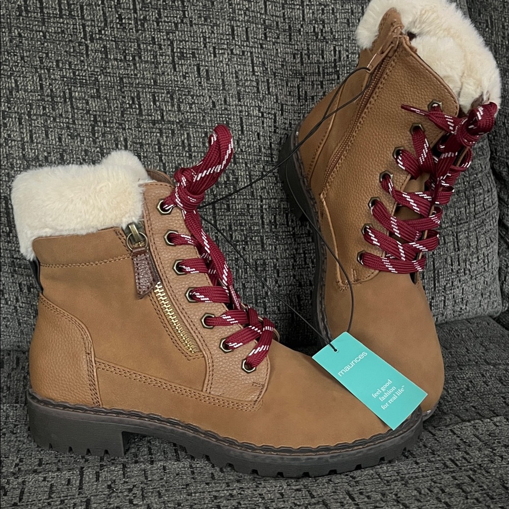 NWT Maurices brand Lace Up hiking type Boot with Red shoelace Accents
